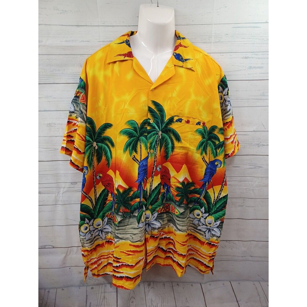 Tropical Mens Hawaiian Shirt XXXL Yellow Green Parrot Palms Button Down